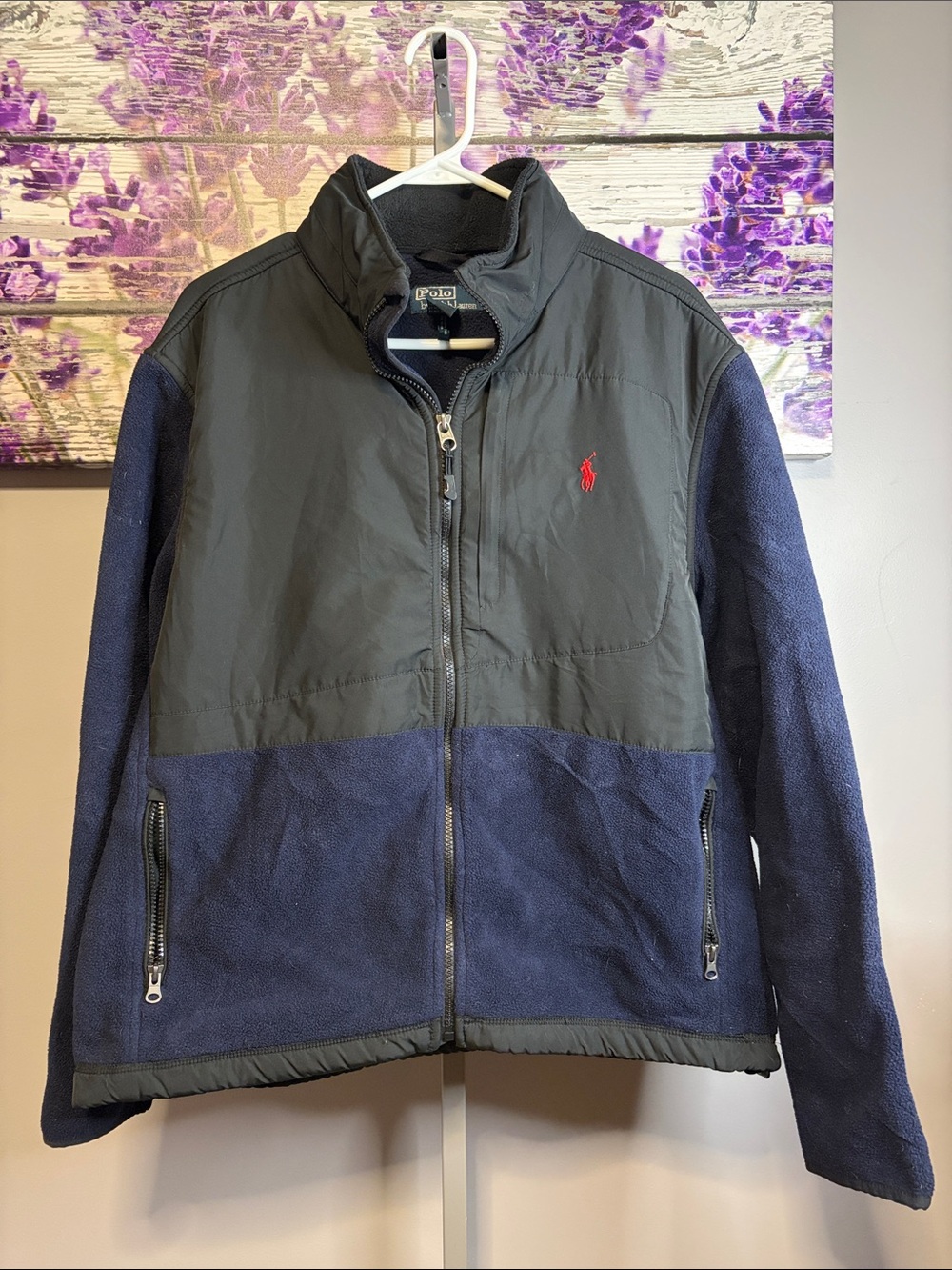 Polo by Ralph Lauren Black and Navy Fleece-Panel Hooded Polartec Jacket Size L